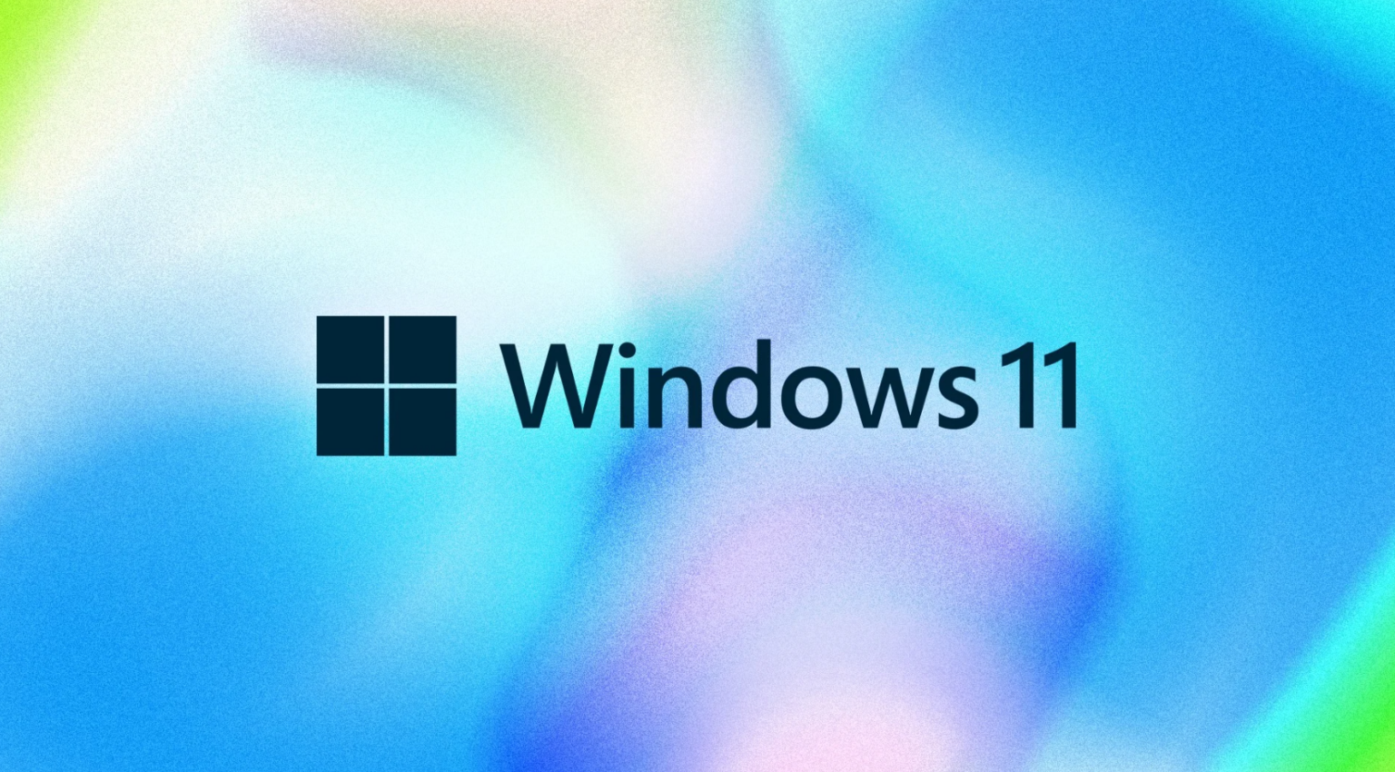 Logotipo do Windows 11 em tom escuro sobre fundo de gradiente azul, verde e lilás desfocado