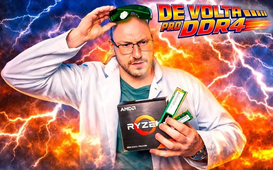 PS5 enfrenta aumento nos preços de RAM com estratégia focada em softwares e serviços 1 Homem segurando caixa AMD Ryzen e módulos de memória RAM verdes com fundo de raios coloridos e texto promocional DDR4