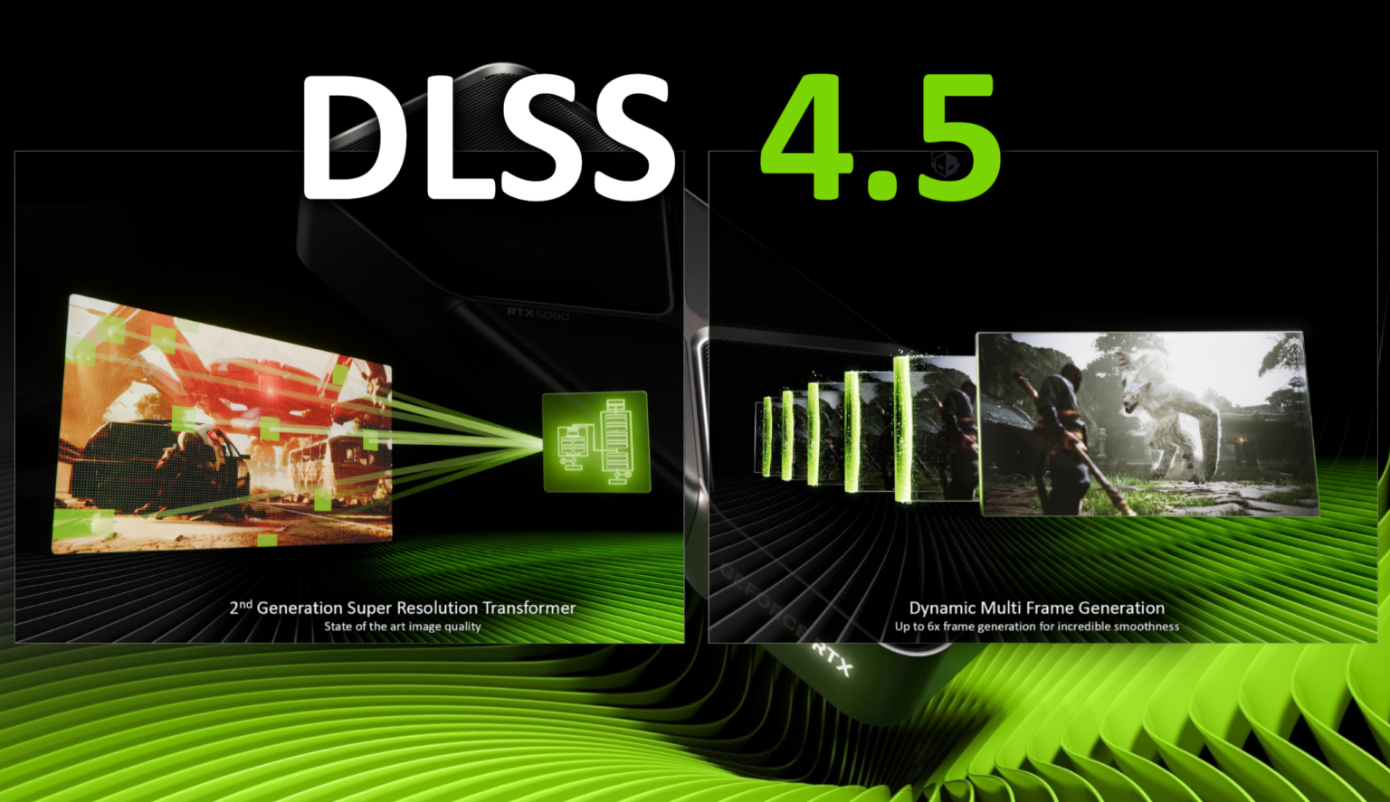 Logo "DLSS 4.5" em letras brancas e verdes sobre fundo preto com uma placa de vídeo GeForce RTX ao centro, ilustrando os recursos Super Resolution e Multi Fram…