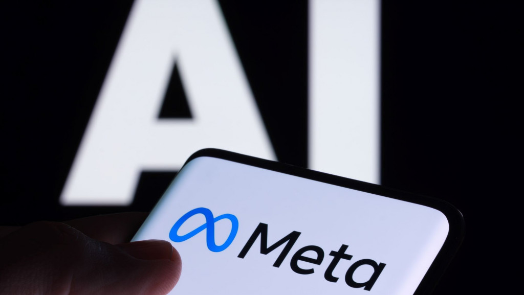 Smartphone segurado por uma mão com o logo da Meta em frente a um fundo escuro com as letras "AI" em branco