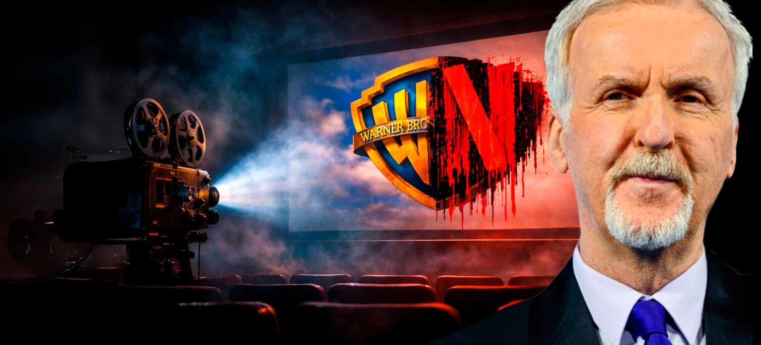 Projetor de cinema iluminando tela com logo da Warner Bros e a letra N da Netflix em vermelho, ao lado de homem grisalho de terno e gravata azul