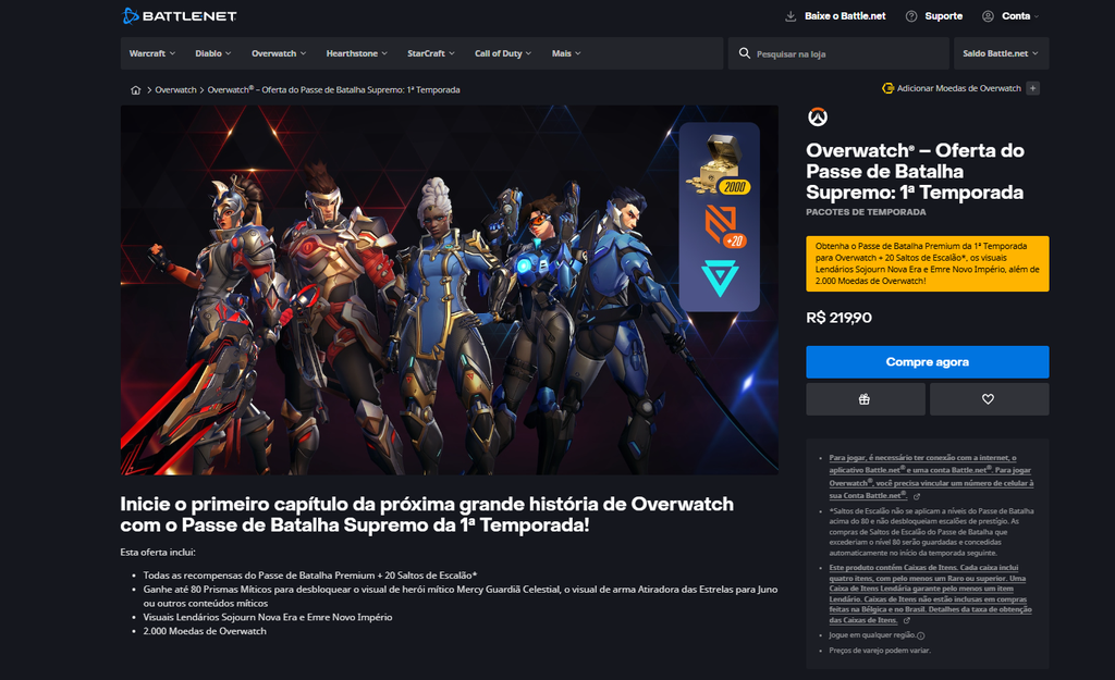 Overwatch remove loot boxes pagas no Brasil antes da Lei Felca entrar em vigor 1 Página da Battle.net mostrando o Passe de Batalha Premium de Overwatch e oferta com preço em reais para o mercado brasileiro