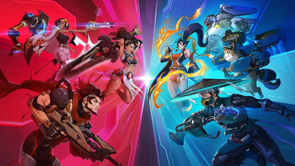 Overwatch remove loot boxes pagas no Brasil antes da Lei Felca entrar em vigor 2 Ilustração digital vibrante mostrando batalha futurista entre equipes vermelhas e azuis em Overwatch