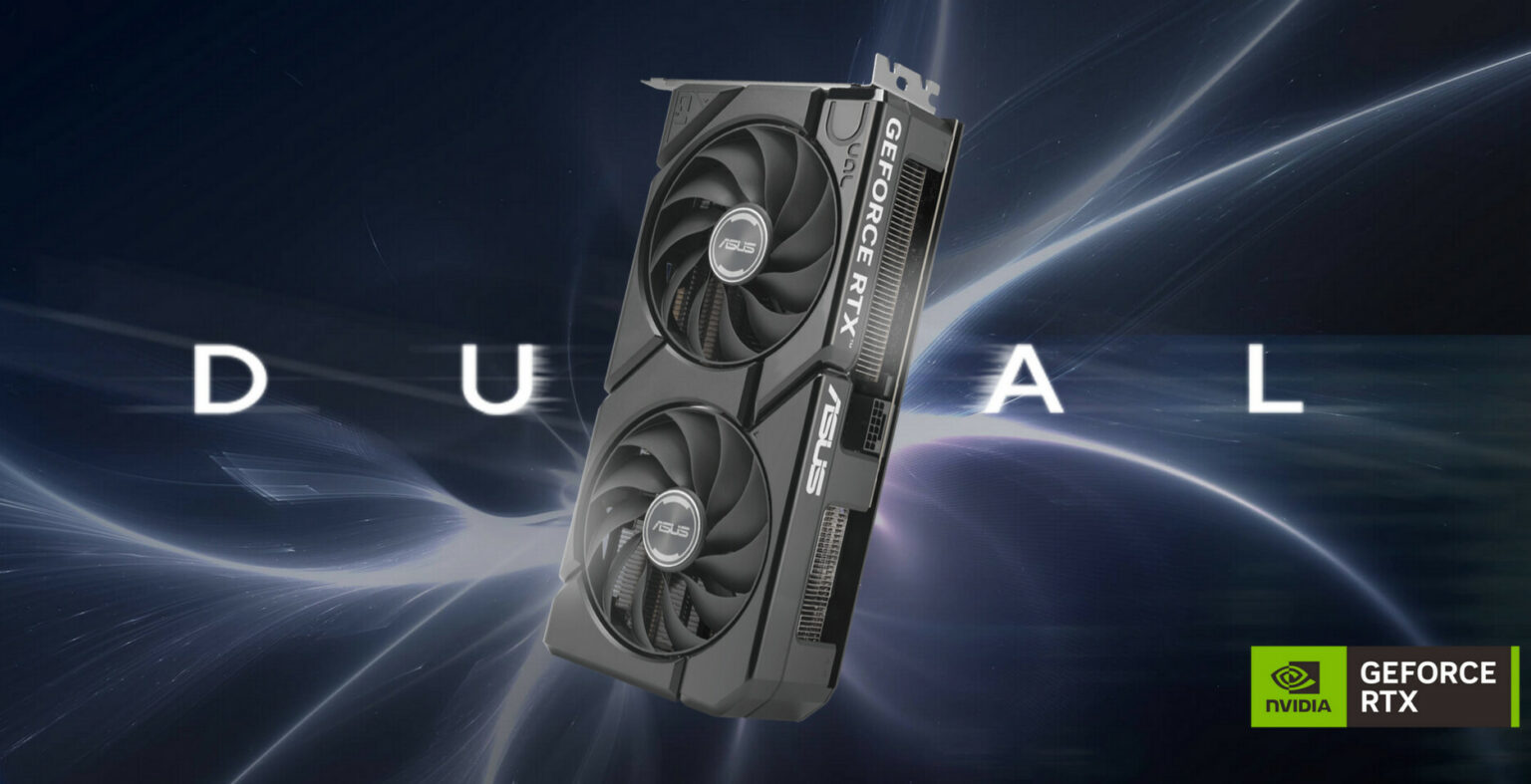 Placa de vídeo ASUS Dual GeForce RTX com dois coolers, em destaque sobre fundo azul com o texto "DUAL" e o logo NVIDIA GeForce RTX