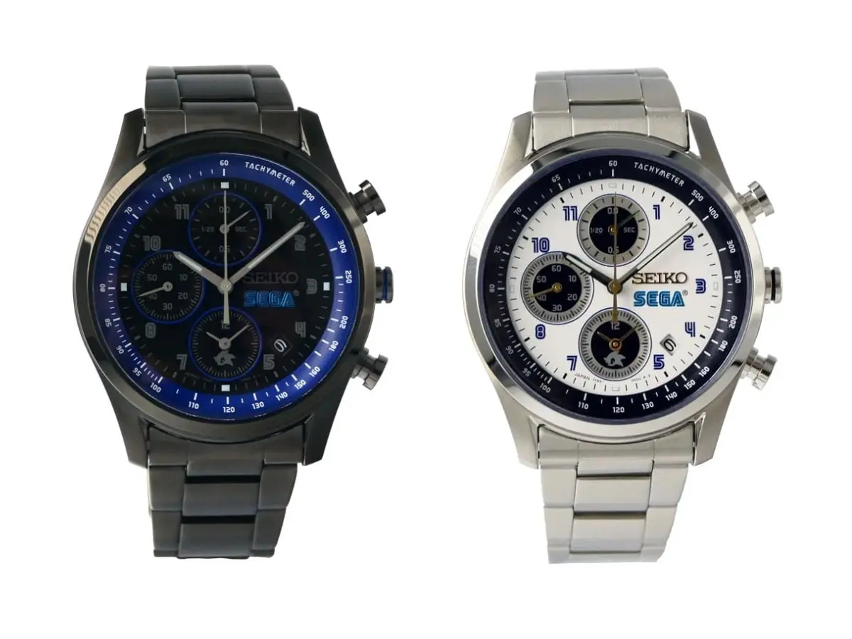 Relógios Sega x Seiko: o acessório de 65 anos que todo fã vai querer 1 Dois relógios cronógrafos Sega x Seiko, um grafite com bezel azul e mostrador preto, outro prateado com mostrador branco e detalhes azuis