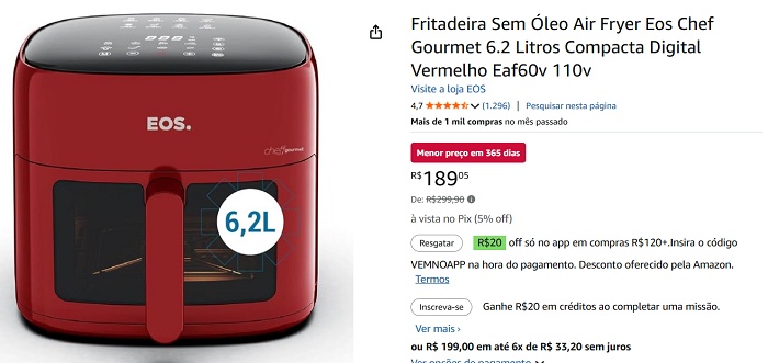 Air Fryer EOS Chef Gourmet: cor vermelha e 6,2 litros de versatilidade por R$ 170 com cupom 1 1 36