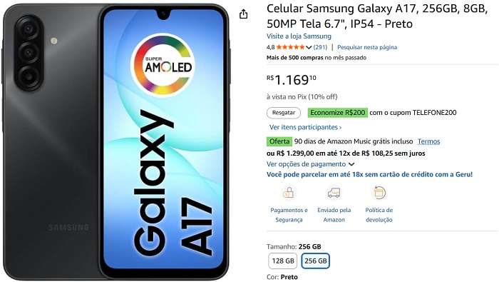 Samsung Galaxy A17: 8GB de RAM, 256GB, tela 6,7" e IP54 por menos de R$1.000 com cupom! 1 1 7