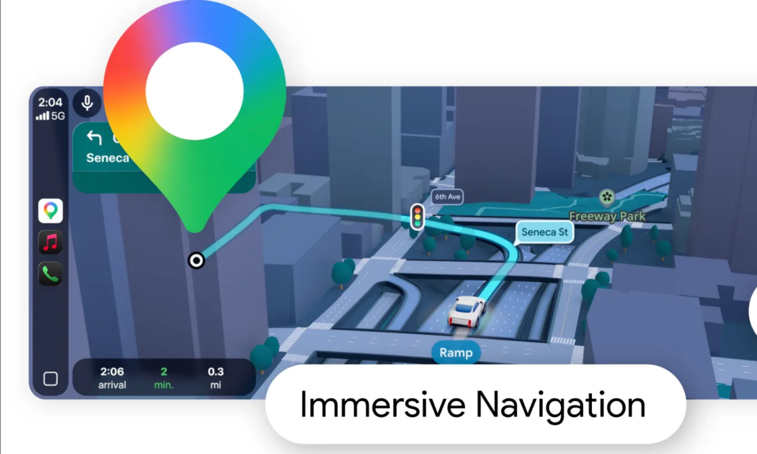 Tela do Google Maps em modo Navegação Imersiva no Android Auto, mostrando rota em 3D com a legenda "Immersive Navigation" e o pin do Google Maps em destaque