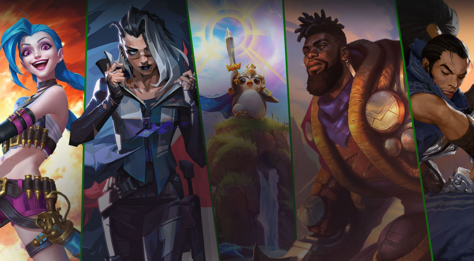 Cinco personagens ilustrados de League of Legends em painéis verticais: Jinx, Vi, Poro com espada, Braum e Yasuo