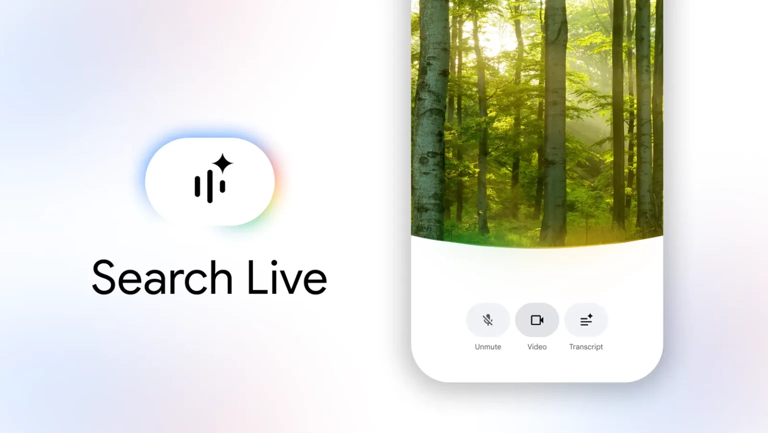 Tela de celular mostrando uma floresta com luz do sol, ao lado do logo da Pesquisa Live do Google com os botões Desativar mudo, Vídeo e Transcrição