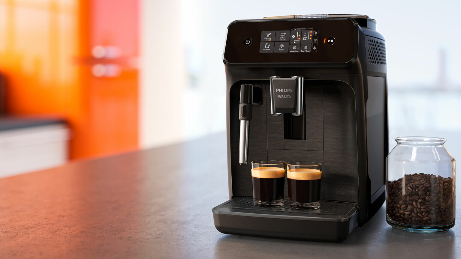 Cafeteira espresso automática Philips Walita preta sobre bancada, com duas xícaras de café e um pote de grãos ao lado