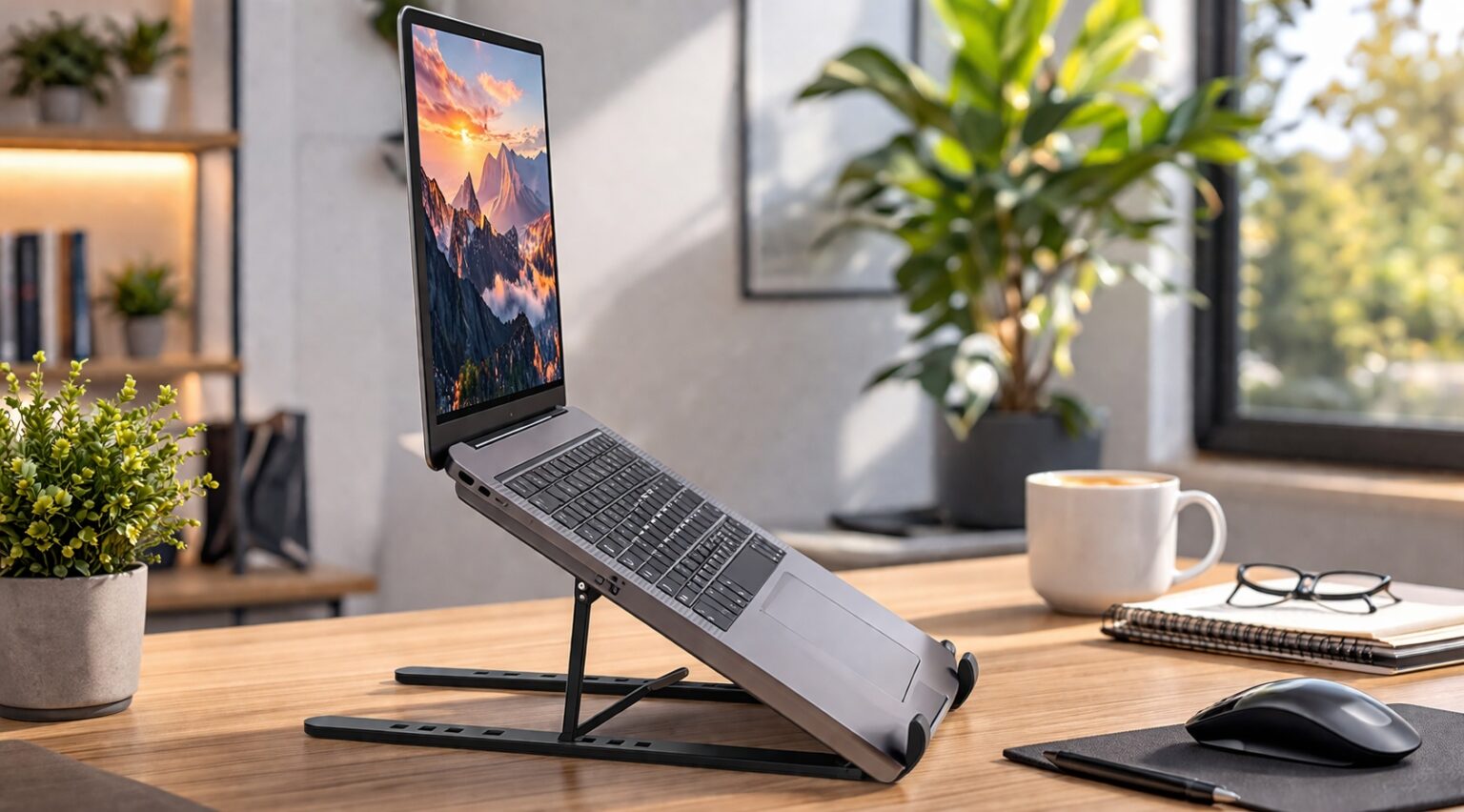 Notebook de tela prateada apoiado em suporte metálico ajustável inclinado sobre mesa de madeira, com mouse, caneca e caderno ao lado