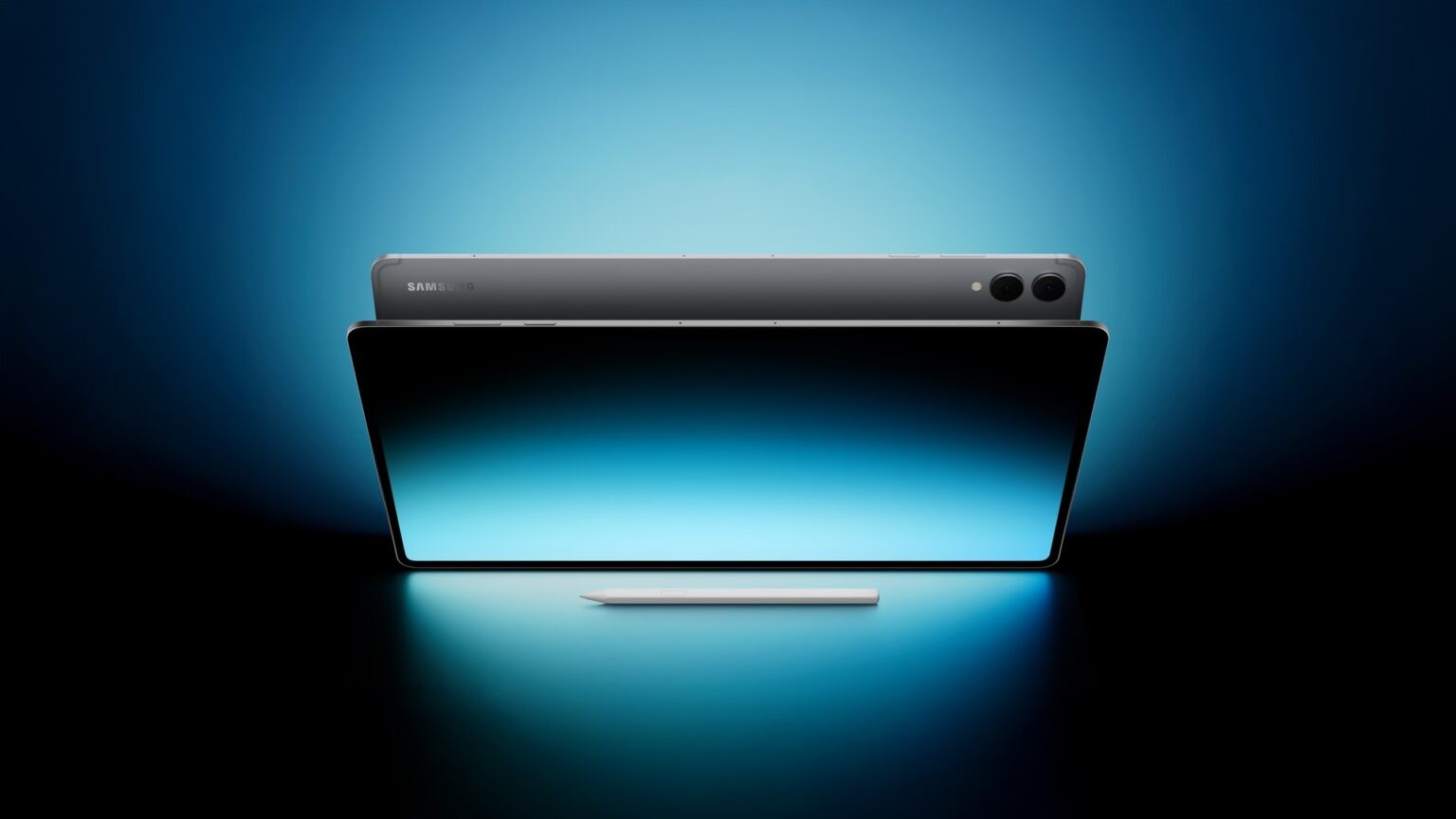 Tablet Samsung Galaxy Tab S11 exibido de frente e de costas sobre fundo azul, com a S Pen ao lado, mostrando as câmeras traseiras e a tela iluminada