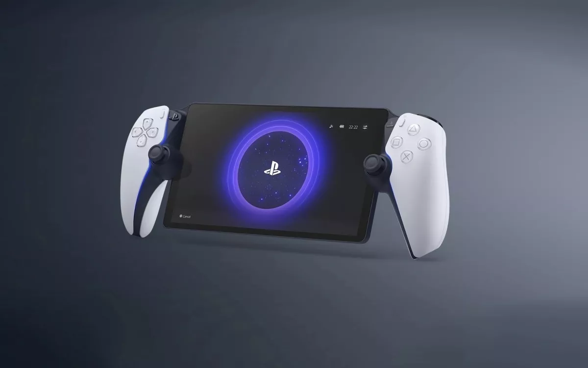 Console portátil PlayStation Portal, com controles DualSense brancos nas laterais e logo do PlayStation na tela