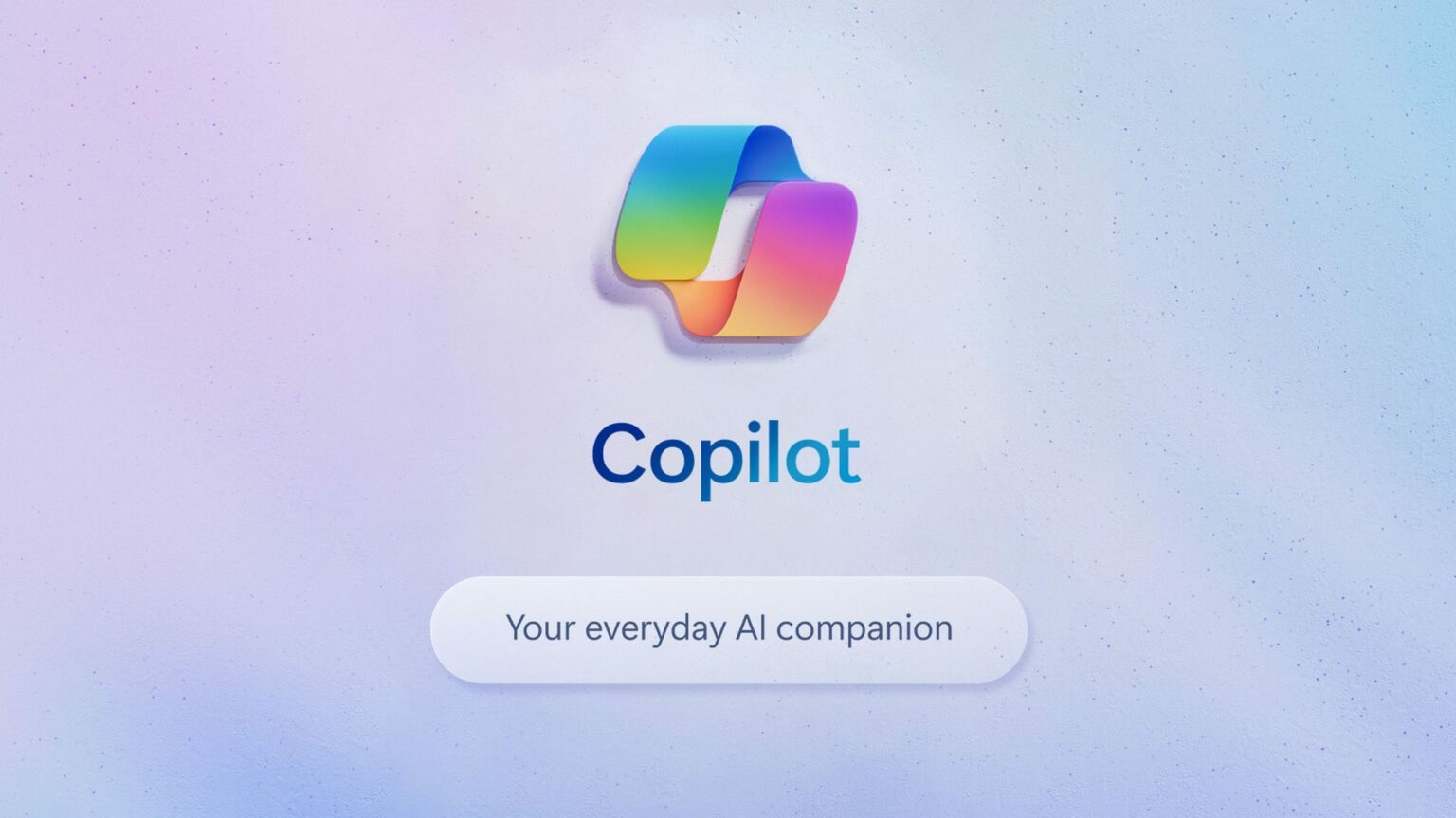 Logo colorido do Copilot da Microsoft com o slogan "Your everyday AI companion" sobre fundo degradê lilás e azul claro