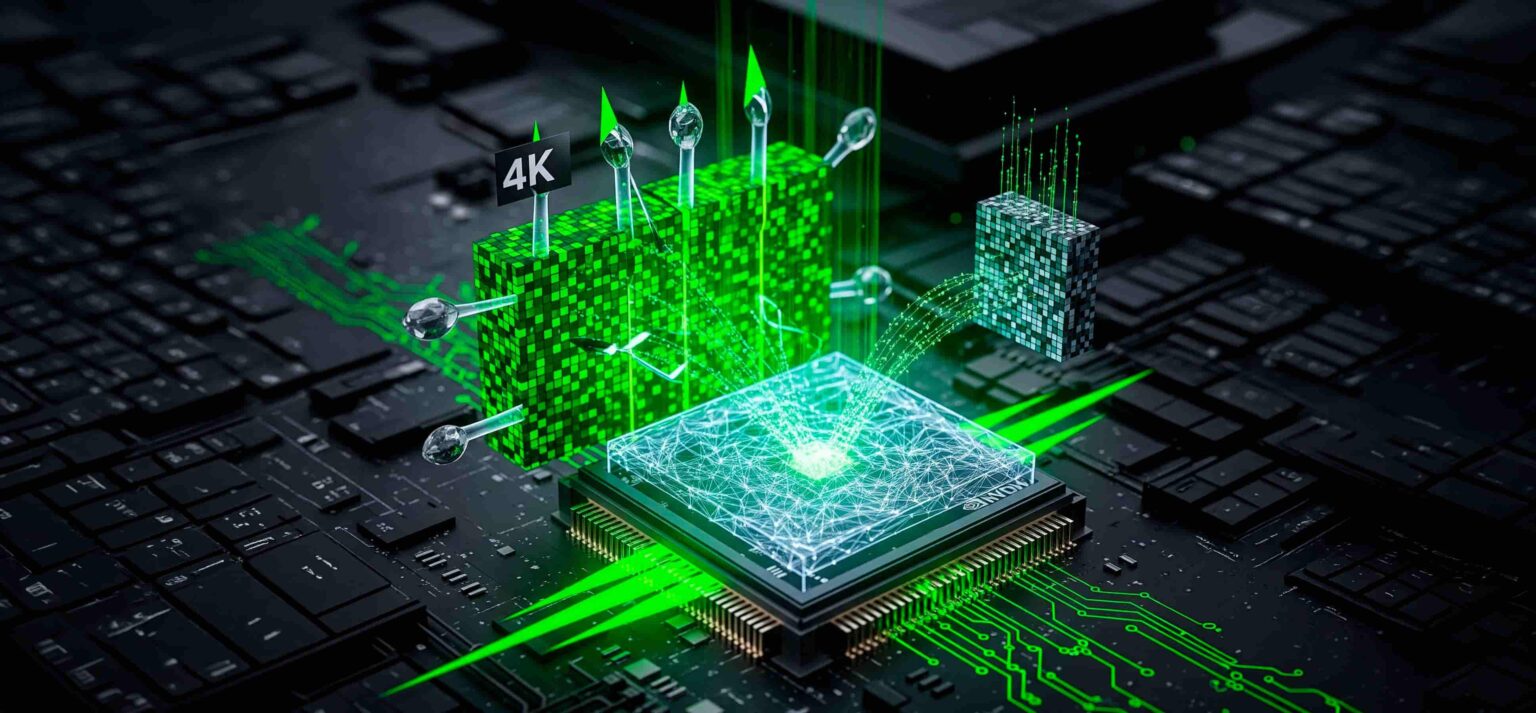 Ilustração 3D de um chip com circuitos verdes brilhantes, de onde saem blocos de textura compactados e o selo "4K", representando compressão de texturas por IA