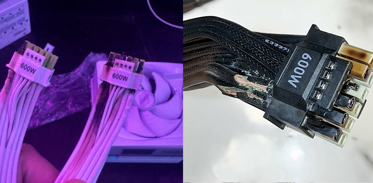 Comparação lado a lado de dois cabos de energia PCIe 12VHPWR de 600W: à esquerda, cabos brancos novos; à direita, conector preto com a pinagem queimada e derre…