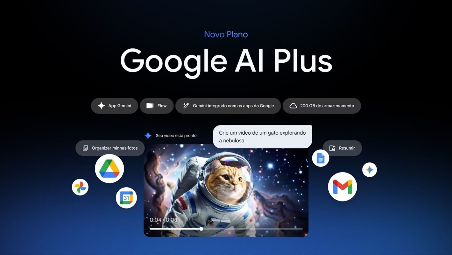 Banner do plano Google AI Plus com tela de vídeo gerado por IA de um gato astronauta na nebulosa, ícones do Google Drive, Gmail, Fotos e Agenda