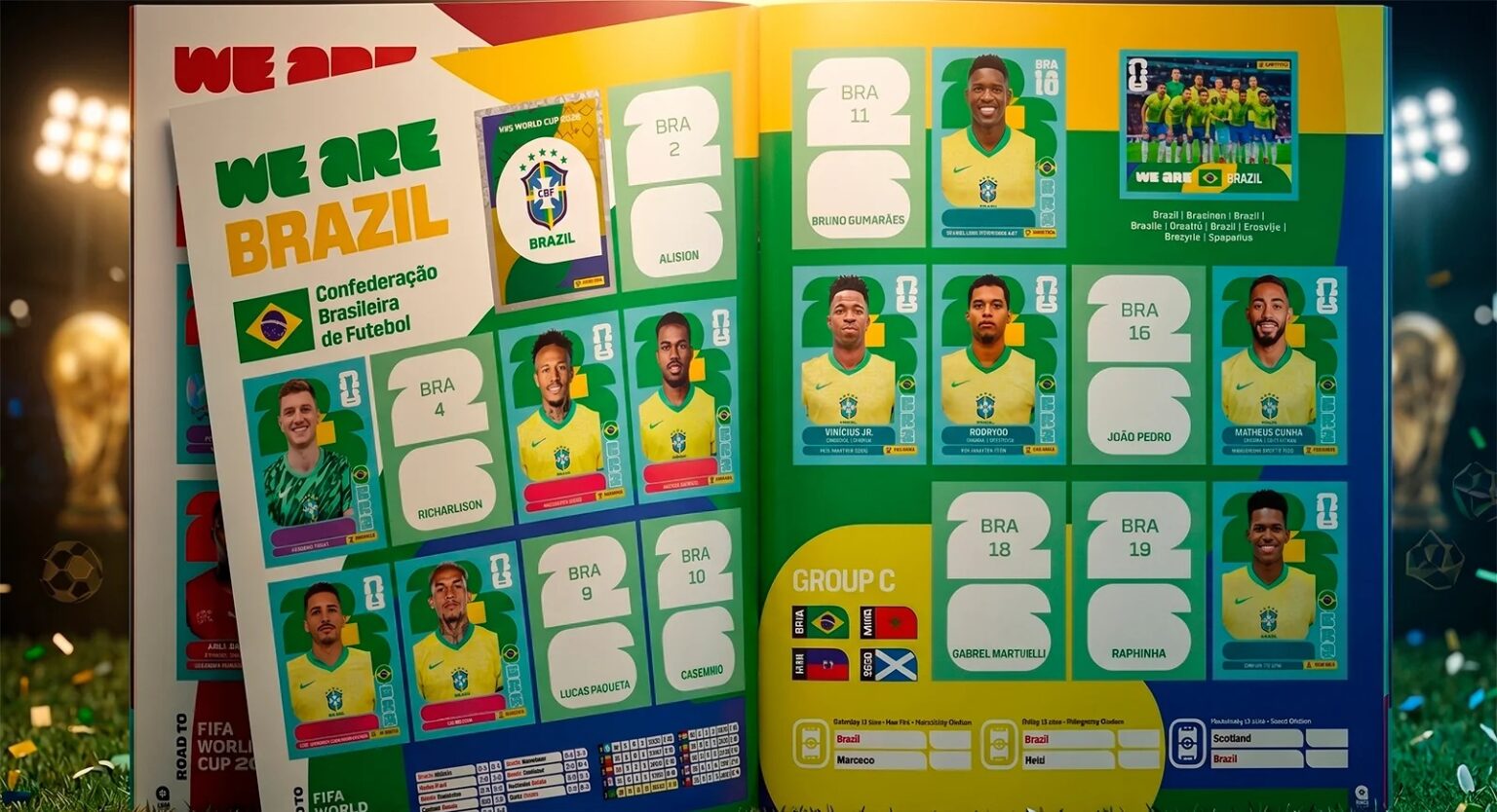 Página de álbum da Copa 2026 com a seleção brasileira: figurinhas com jogadores em uniforme amarelo, cabeçalho "We Are Brazil" e grupo C indicado