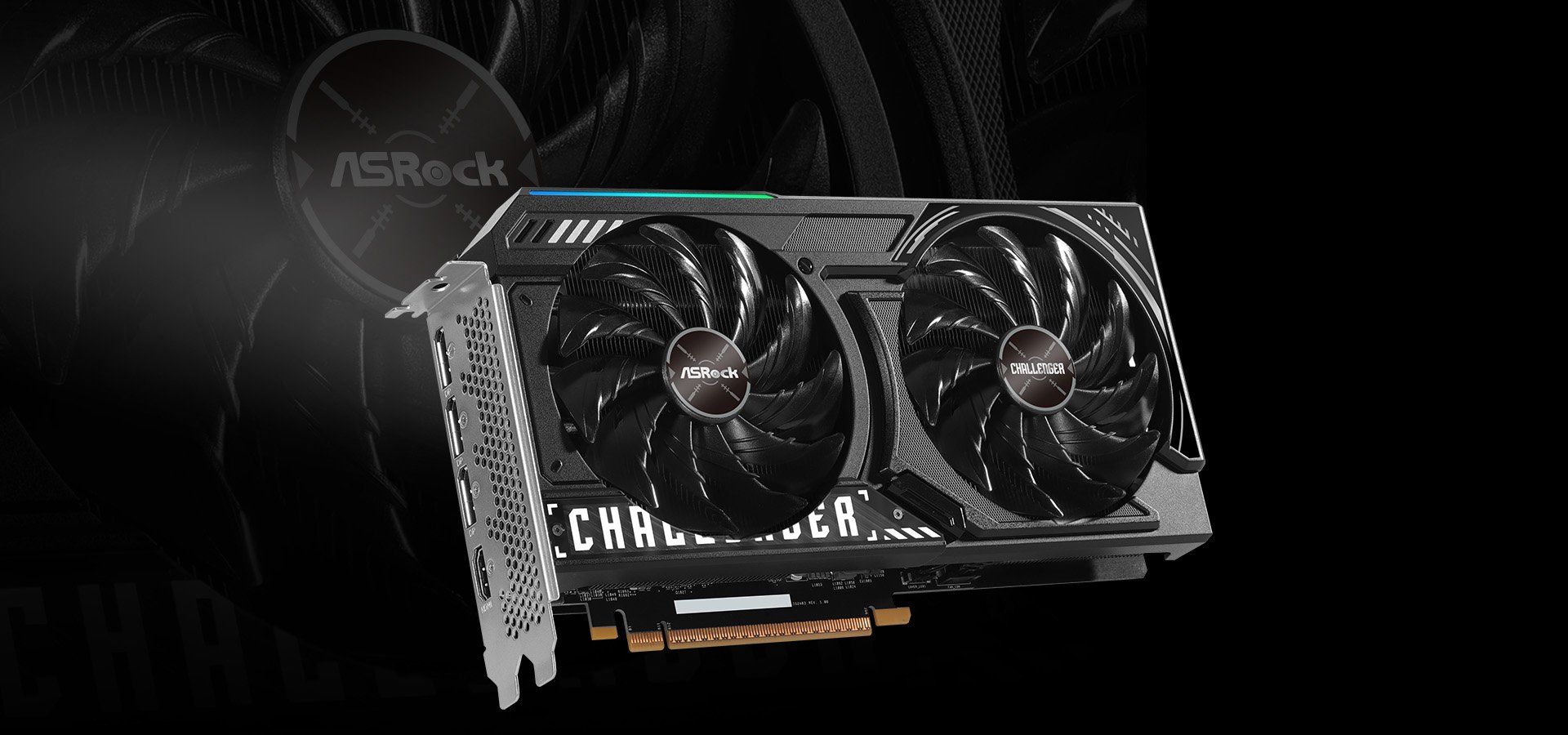 Placa de vídeo ASRock Intel Arc B580 Challenger com dois ventiladores pretos e iluminação RGB, em fundo escuro