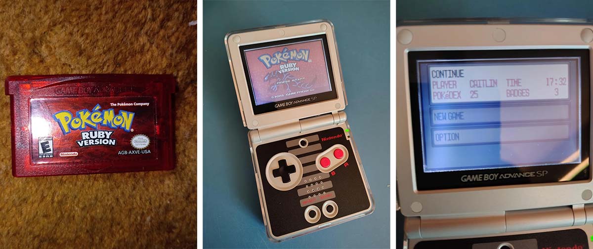 Homem mostra o que a esposa achou no sótão: o Game Boy Advance SP dela e o cartucho de Pokémon Ruby com o save antigo