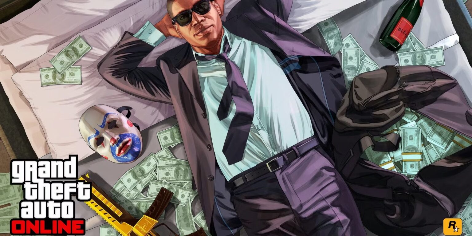 Arte promocional de GTA Online com personagem de terno e óculos escuros deitado em cama cercada de dinheiro, ao lado de máscara e garrafa de champanhe