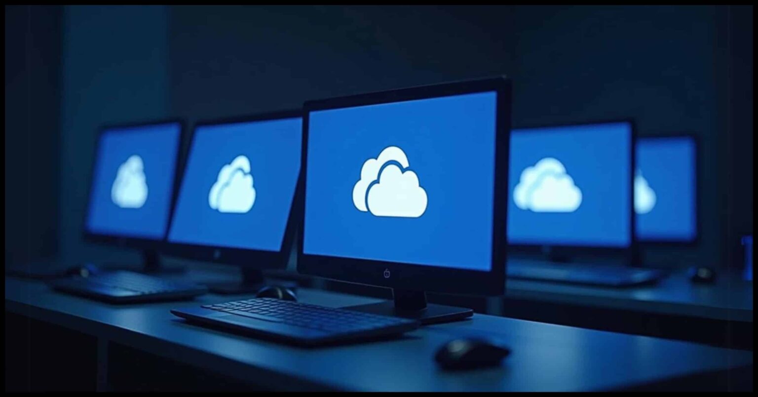 Fileiras de monitores com ícone de nuvem branca sobre fundo azul, em uma sala escura com teclados e mouses sobre a mesa