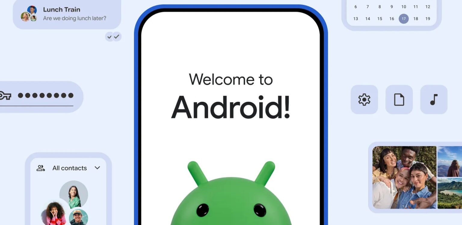 Smartphone exibindo a tela de boas-vindas "Welcome to Android!" com o mascote verde do sistema, cercado por cards de mensagens, calendário, senha, contatos e f…