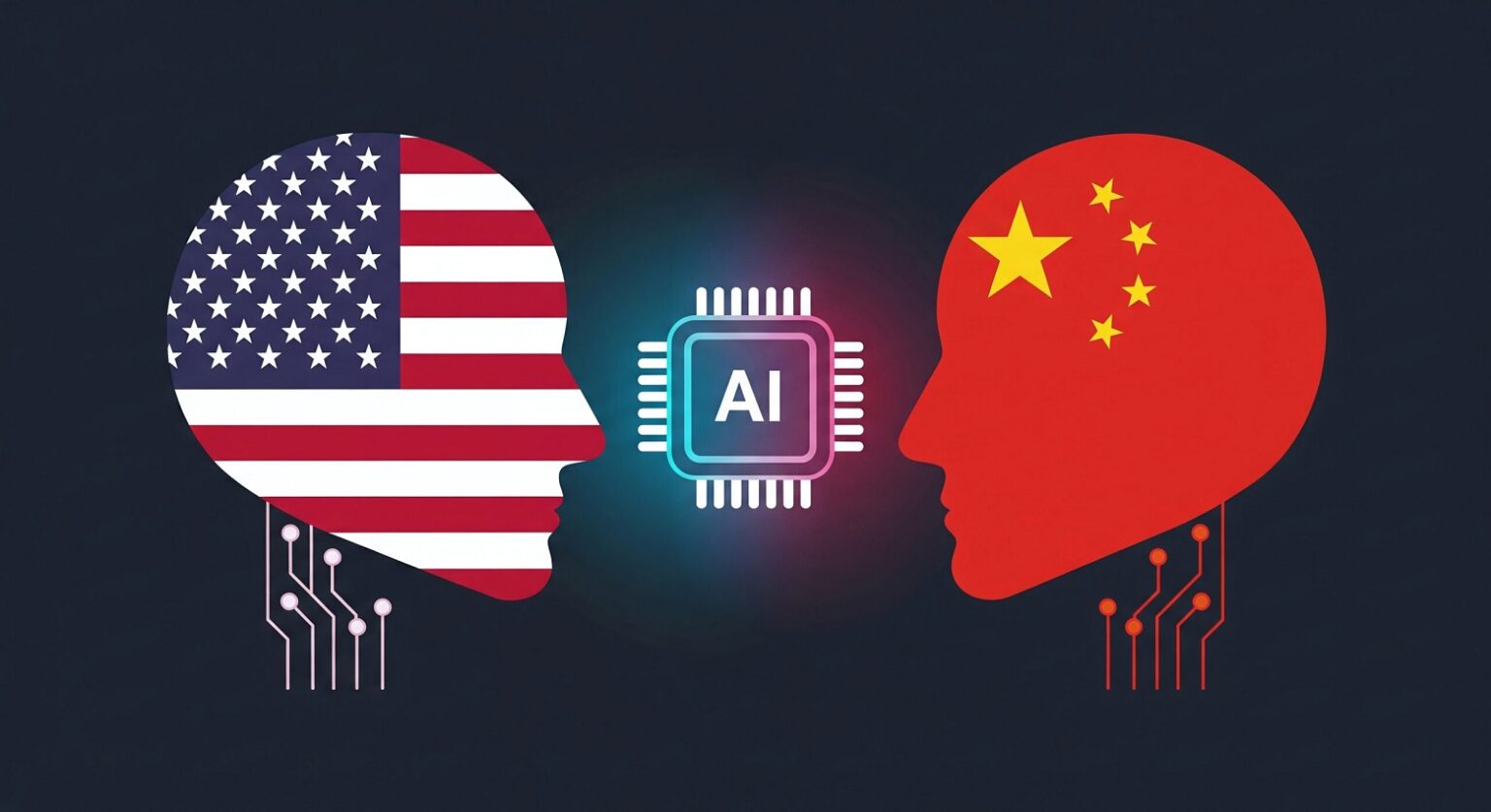 Duas silhuetas de cabeça com as bandeiras dos EUA e da China, voltadas uma para a outra, com um chip de IA brilhante entre elas