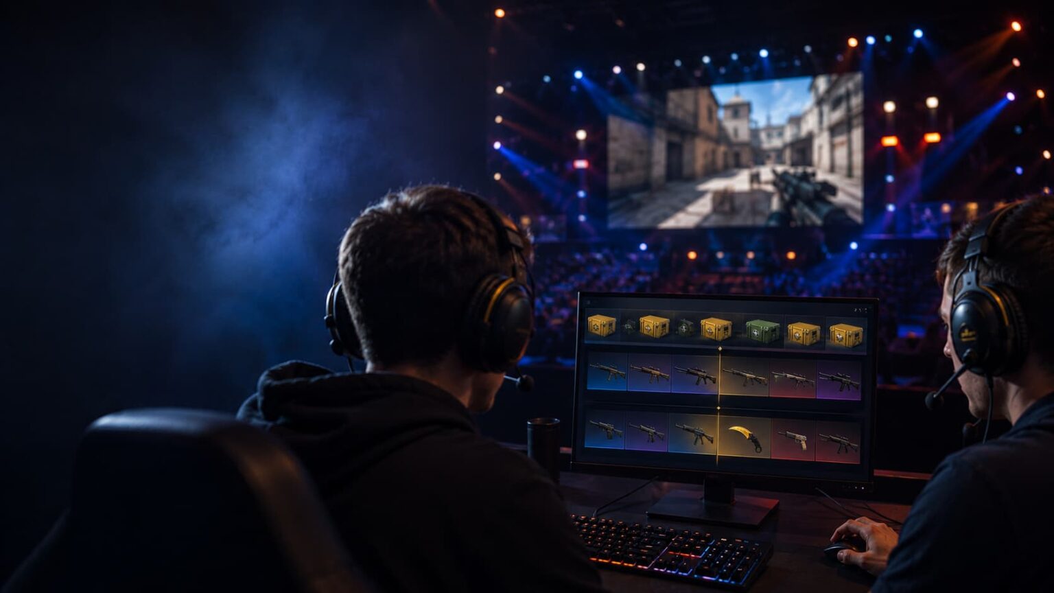 Dois jogadores de costas com headsets diante de um monitor mostrando skins de arma em grade, com telão de jogo ao fundo em arena de campeonato