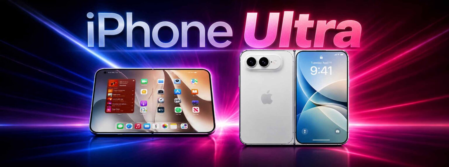 Ilustração do iPhone Ultra com dois modelos dobráveis lado a lado, um aberto mostrando a tela inicial e outro fechado exibindo 9:41, sobre fundo neon com o tít…