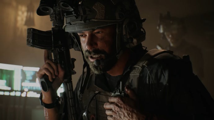 Soldado de capacete e barba com rifle de assalto em ambiente escuro, cena de trailer de Battlefield 6