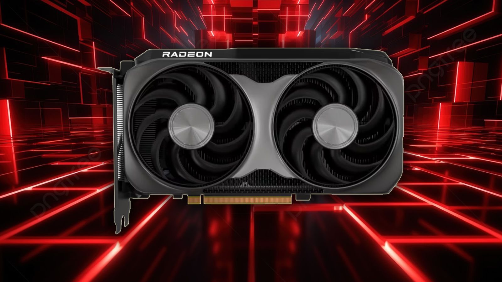 Placa de vídeo Radeon com dois coolers pretos sobre fundo vermelho com linhas de luz neon, com a marca RADEON visível no topo do cartão