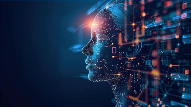 Ilustração digital de perfil de rosto humano formado por pontos e circuitos luminosos azuis e laranjas, representando inteligência artificial