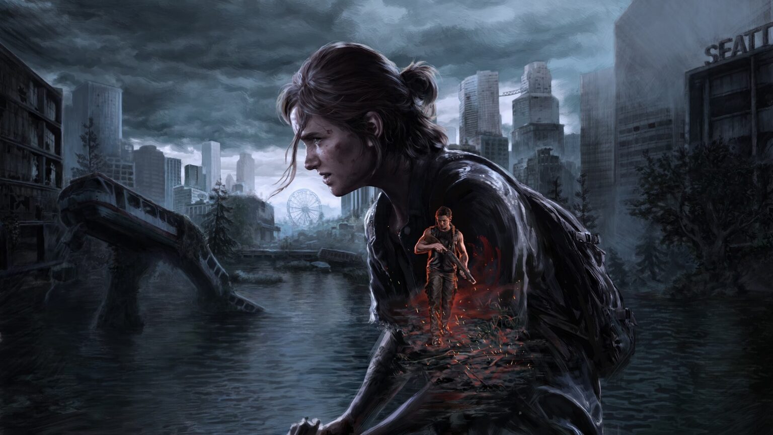 Arte promocional de The Last of Us Part II Remastered mostra Ellie de perfil, com expressão séria, junto a um rio em cidade em ruínas sob céu nublado