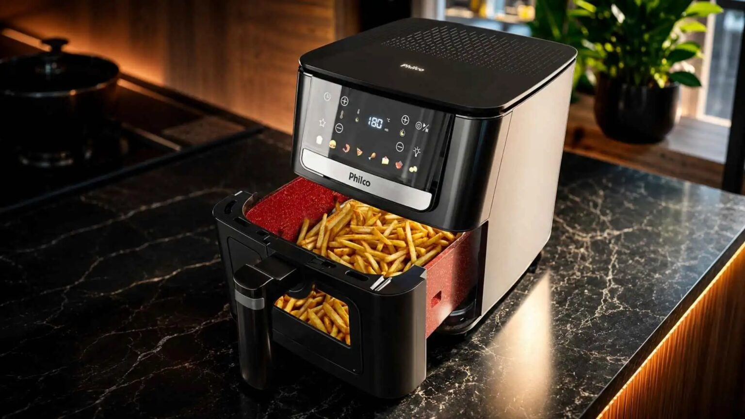 Air fryer Philco preta e prata com duas gavetas de fritura, uma delas aberta com batatas fritas, sobre bancada de granito preto em cozinha moderna