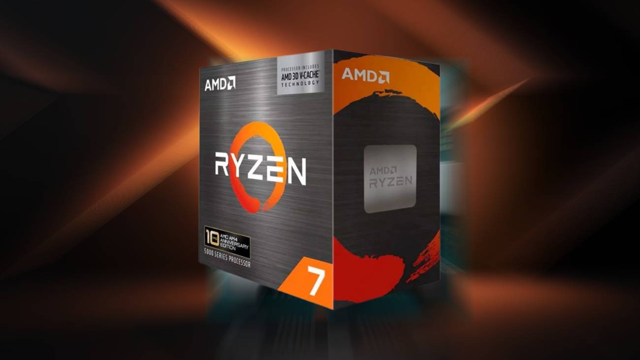 Caixa do processador AMD Ryzen 7 5800X3D, série 5000, com tecnologia AMD 3D V-Cache, sobre fundo escuro com iluminação laranja
