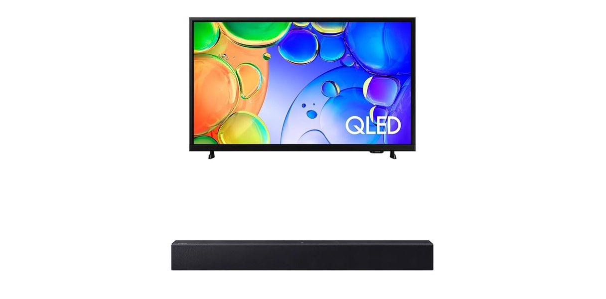 TV Samsung QLED e soundbar preta em fundo branco, exibidas como combo de produtos à venda