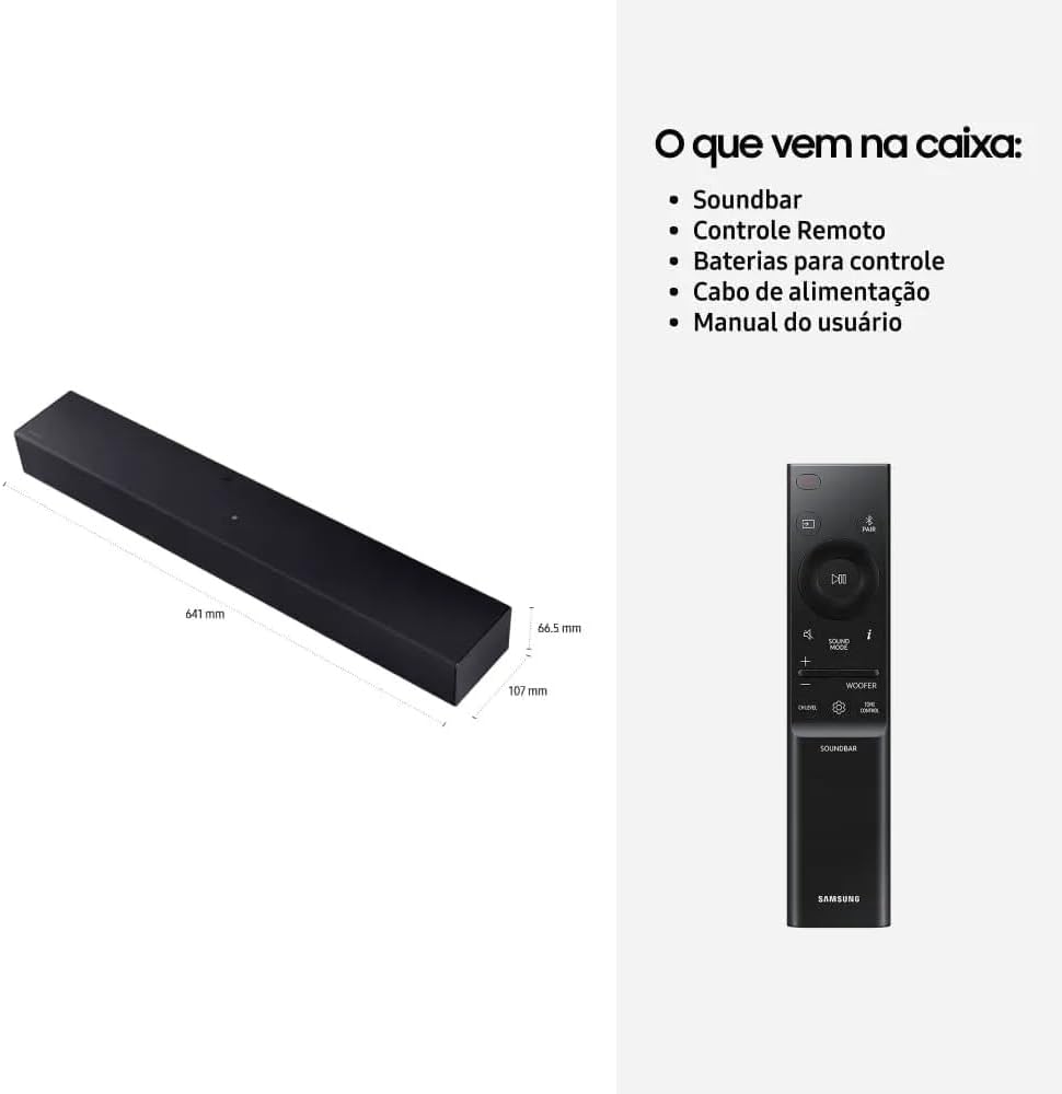 Soundbar Samsung preta de 641 mm, com dimensões indicadas, ao lado do controle remoto e da lista do que vem na caixa