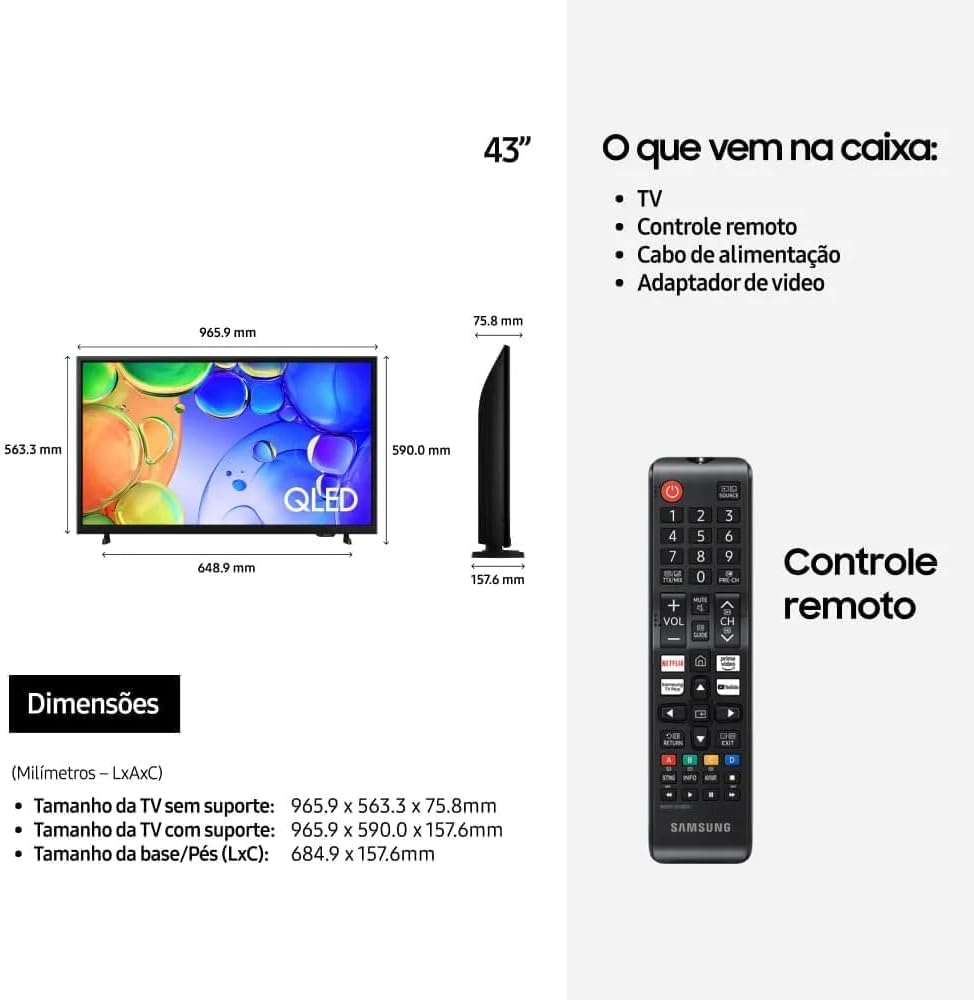 Infográfico com dimensões e conteúdo da caixa da TV Samsung QLED 43 polegadas, incluindo controle remoto Samsung