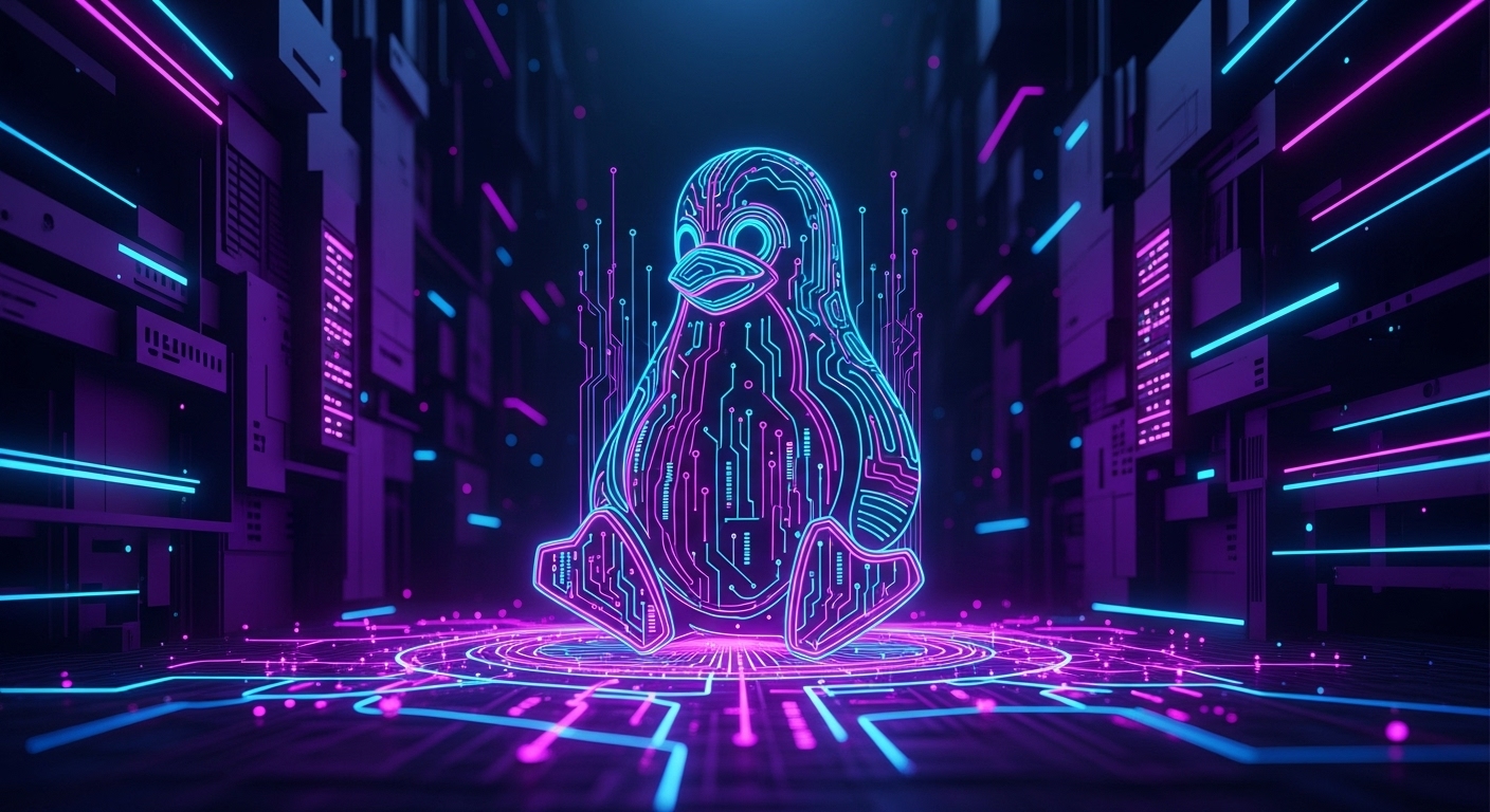 Pinguim do Linux em estilo neon, com circuitos brilhantes, em cenário cyberpunk roxo e azul