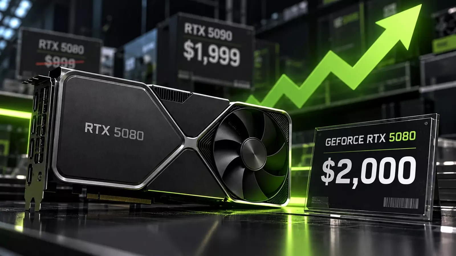 Placa de vídeo GeForce RTX 5080 em destaque, com etiqueta de preço de US$ 2.000 e seta verde subindo ao fundo, ao lado de letreiros de RTX 5090 a US$ 1.999