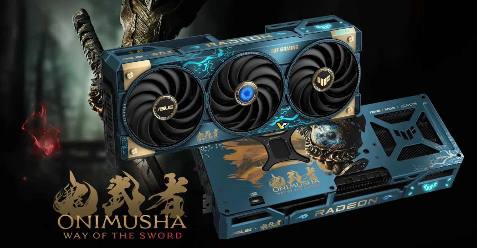 Placa de vídeo ASUS TUF Gaming Radeon RX 9070 XT edição Onimusha: Way of the Sword, com três ventoinhas e pintura azul e dourada inspirada no jogo