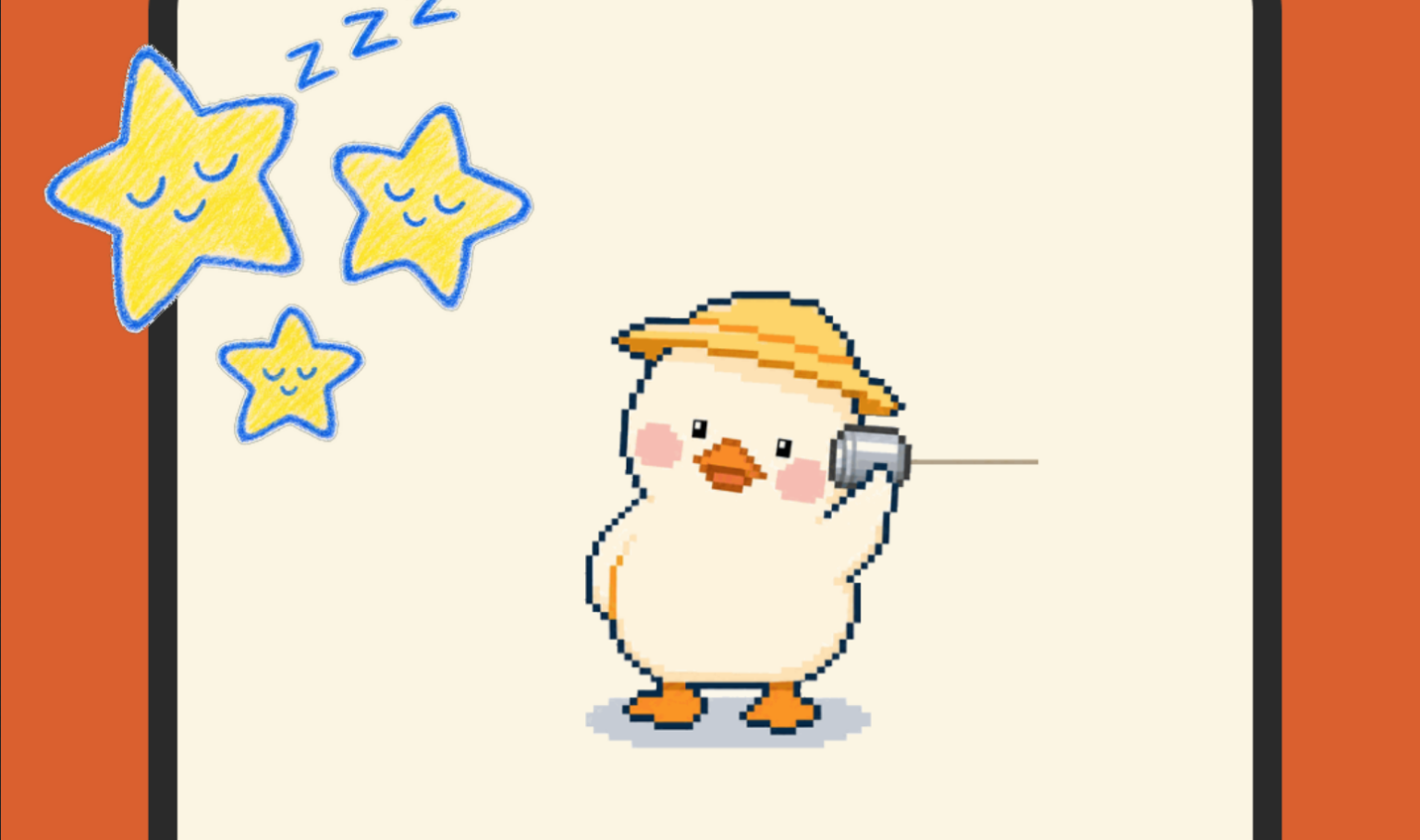Personagem pixelado de pato amarelo com chapéu, segurando um telefone de lata, ao lado de estrelas amarelas sonolentas com símbolos de "zzz" em fundo claro