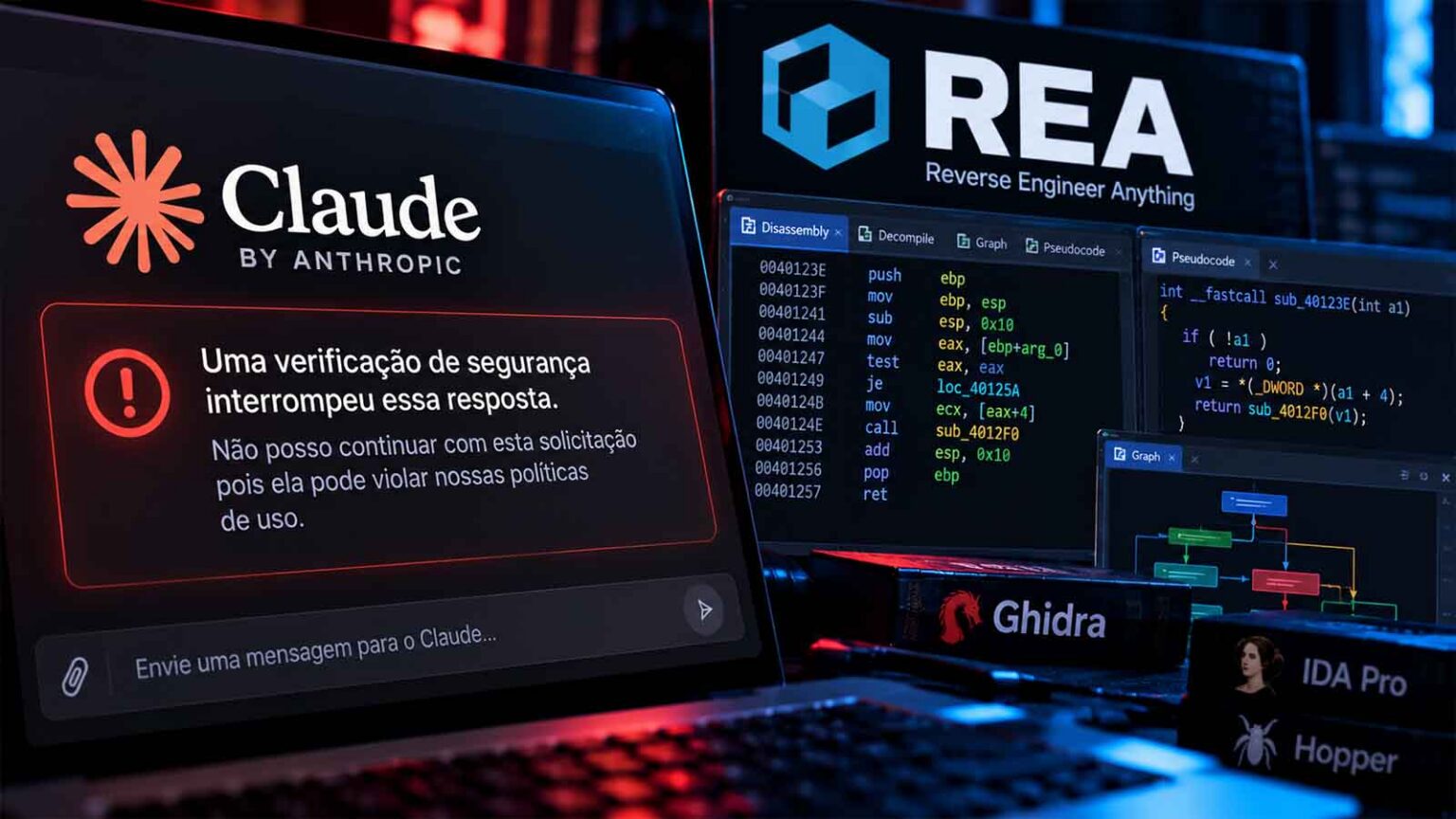 Notebook exibindo aviso do Claude, da Anthropic, de verificação de segurança interrompendo resposta, ao lado de telas de engenharia reversa com código assembly…