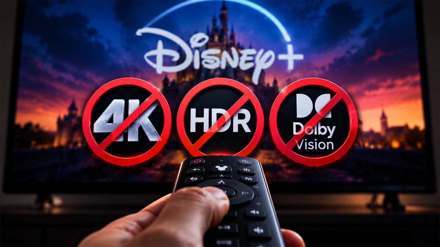 Mão segurando controle remoto diante de TV com logo do Disney+ e ícones de 4K, HDR e Dolby Vision riscados em vermelho