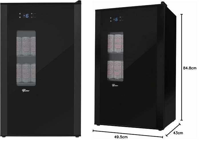 Cervejeira Fischer Infinity Multi 92L preta com porta de vidro, mostrada de frente e em perspectiva com medidas de 84,8 cm de altura, 49,5 cm de largura e 43 c…