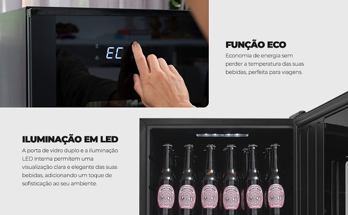 Cervejeira Fischer Infinity Multi 92L com painel digital de função Eco, porta de vidro e iluminação LED com garrafas de cerveja expostas