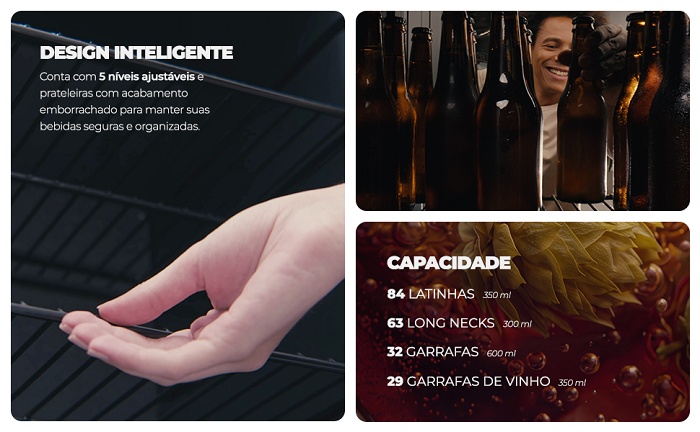 Collage com três painéis da cervejeira Fischer Infinity Multi 92L: prateleiras com design inteligente, um homem sorrindo entre garrafas e tabela de capacidade…