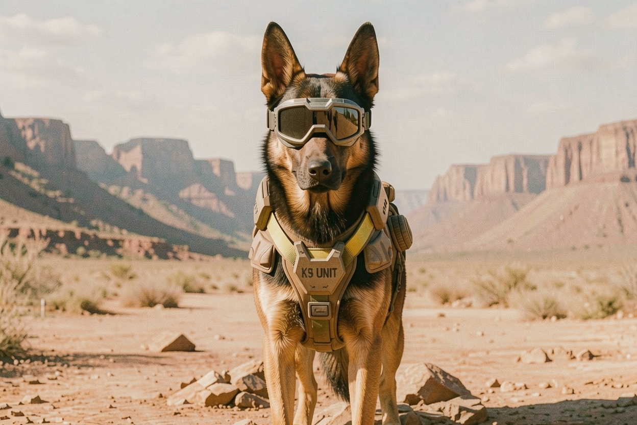 Cão pastor alemão com óculos de proteção e colete tático com a inscrição "K9 UNIT", em um cenário desértico com formações rochosas ao fundo